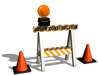 an animated gif of an under construction roadblock with a blinking light, flanked by traffic cones on either side