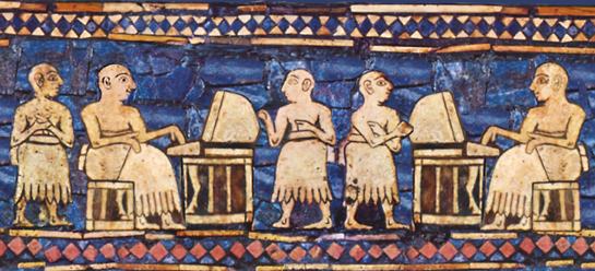 a detail of the sumerian Standard of Ur showing people interacting with what appears to the modern viewer to be computers